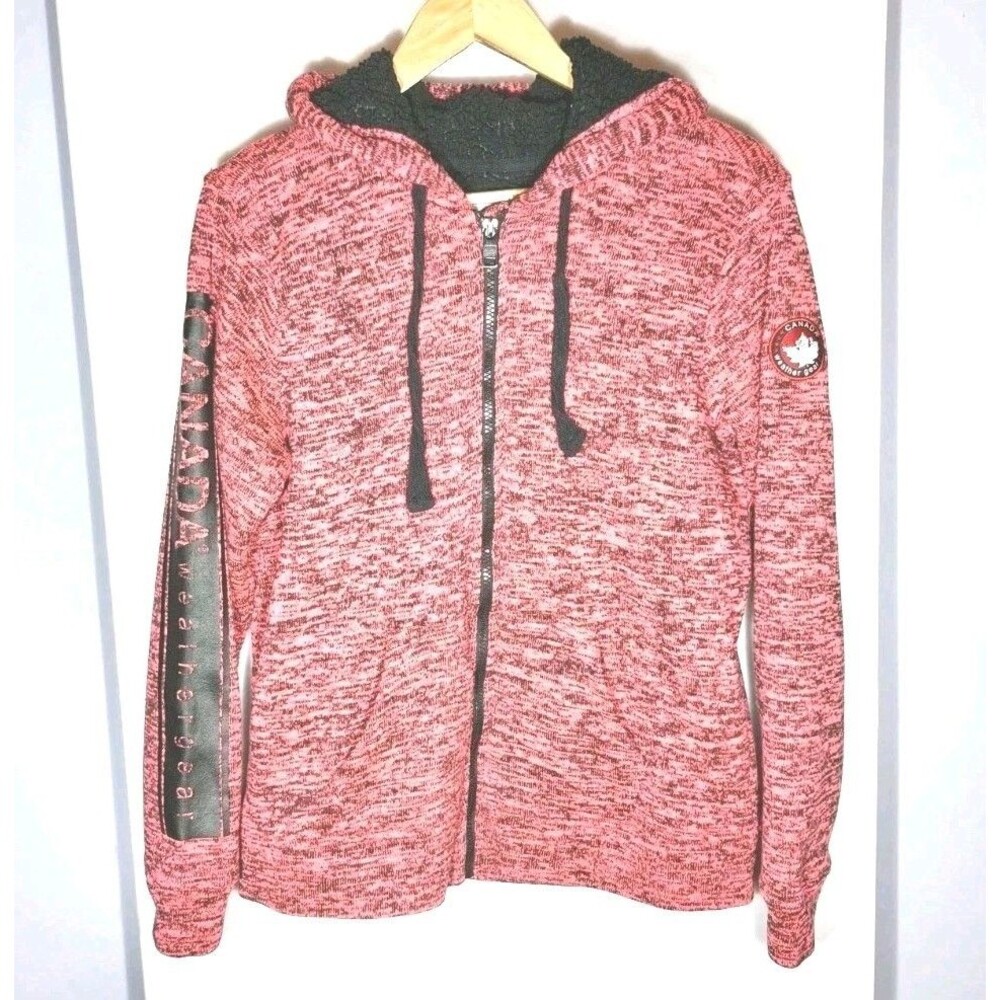 Canada Weather Gear Women's L Sherpa Lined Hooded Knit Jacket Pink Black Outdoor - Picture 1 of 11